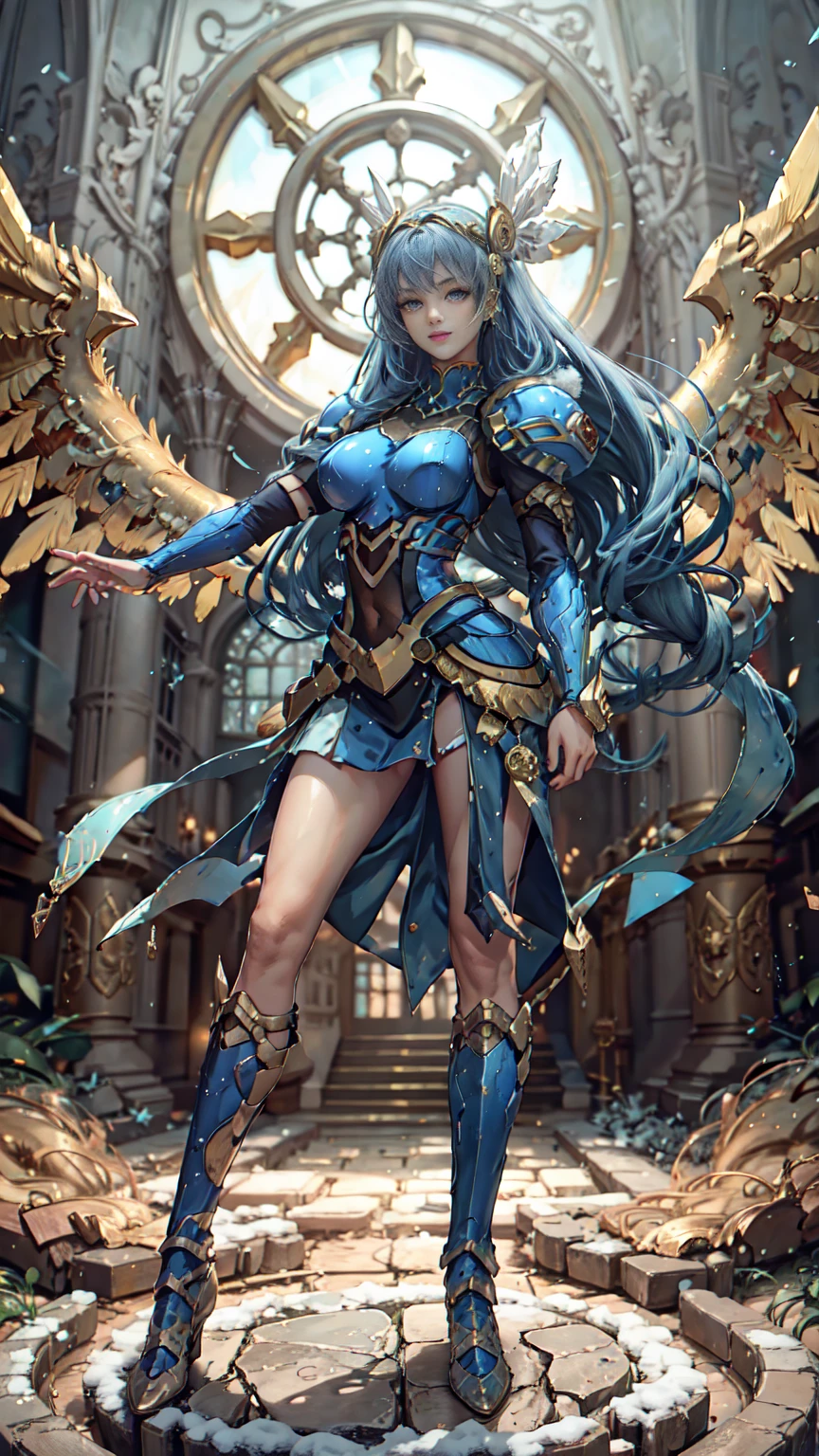 Lenneth from 'Valkyrie profile', BREAK: bright_gold_trimmed_sapphire_blue_plate mech4rmor, (boob window in armor), thigh cutout, long skirt, BREAK: standing, contrapposto stance, light smile, castle ruins, fluffy snow falls, BREAK: intricately detailed eyes, detailed face, detailed hands, cinematic lighting, moody atmosphere, (16k, absurdres, masterpiece, best quality), wings