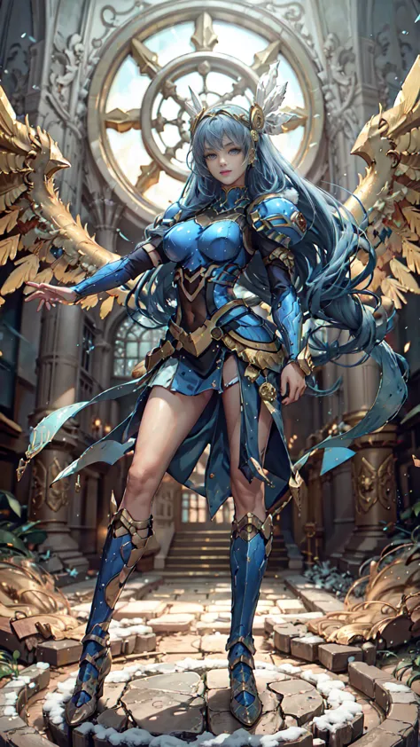 lenneth from 'valkyrie profile', break: bright_gold_trimmed_sapphire_blue_plate mech4rmor, (boob window in armor), thigh cutout,...