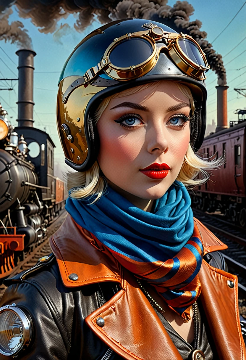 Steampunk, rococopunk, insanely detailed colorful portrait motorcycle rider, motorcycle helmet, goggles, scarf. Coby Whitmore, Margaret Keane, Ray Caesar, Lichtenstein, Fragonard. Cinematography Robert Richardson, Hugo style. Oil painting heavy strokes, best quality. Vogue fashion illustration, complex background details, Paris, beautiful details, ornate. Perfect face, detailed eyes, detailed pupils, joyful expression. Dramatic lighting, deep shadows, chiaroscuro., isometric, digital art, smog, pollution, toxic waste, chimneys and railroads, 3 d render, octane render, volumetrics, by greg rutkowski