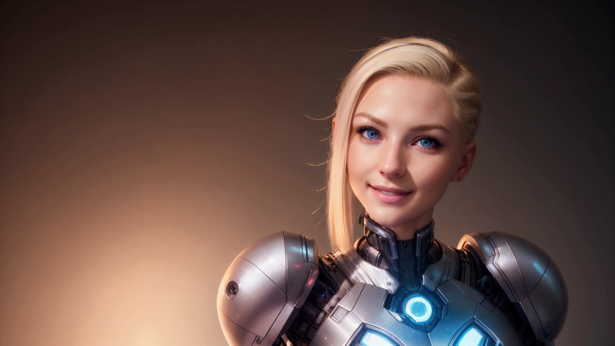 (best qualityer, ultra detali, photorrealistic: 1.39), bright and vibrant colors, studio lighting, romantic expression, cybernetic and futuristic clothing, platinum undercut, hair blonde, breasts small, adjusting, shorth hair, mercenary, sorriso sexy