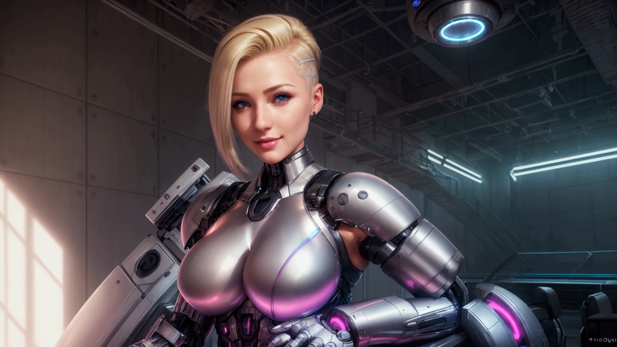 (best qualityer, ultra detali, photorrealistic: 1.39), bright and vibrant colors, studio lighting, romantic expression, cybernetic and futuristic clothing, platinum undercut, hair blonde, breasts small, adjusting, shorth hair, mercenary, sorriso sexy