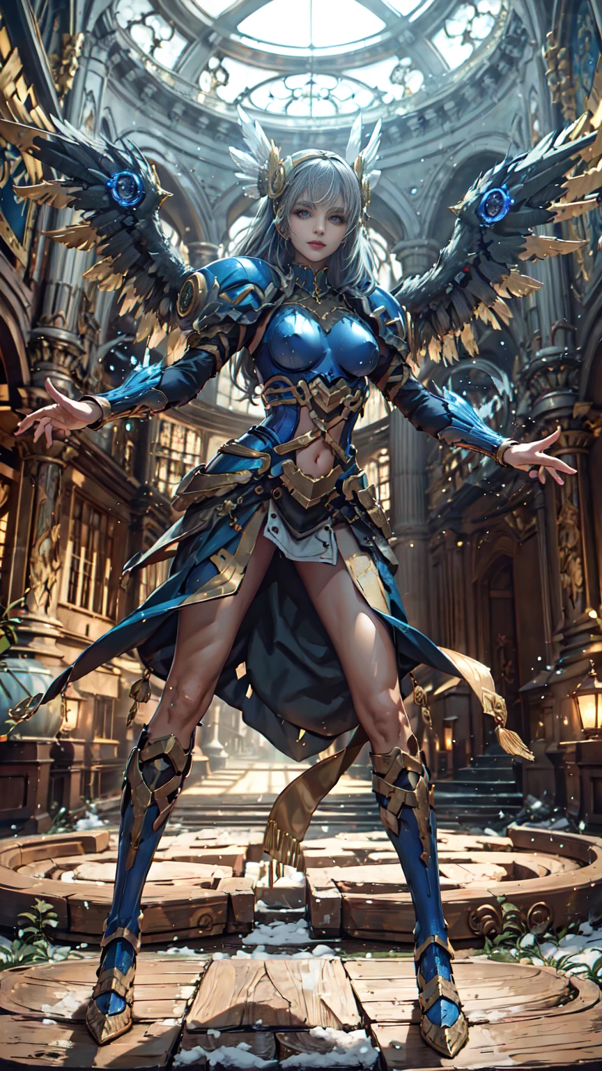 Lenneth from 'Valkyrie profile', BREAK: bright_gold_trimmed_sapphire_blue_plate mech4rmor, (boob window in armor), thigh cutout, long skirt, BREAK: standing, contrapposto stance, light smile, castle ruins, fluffy snow falls, BREAK: intricately detailed eyes, detailed face, detailed hands, cinematic lighting, moody atmosphere, (16k, absurdres, masterpiece, best quality), wings