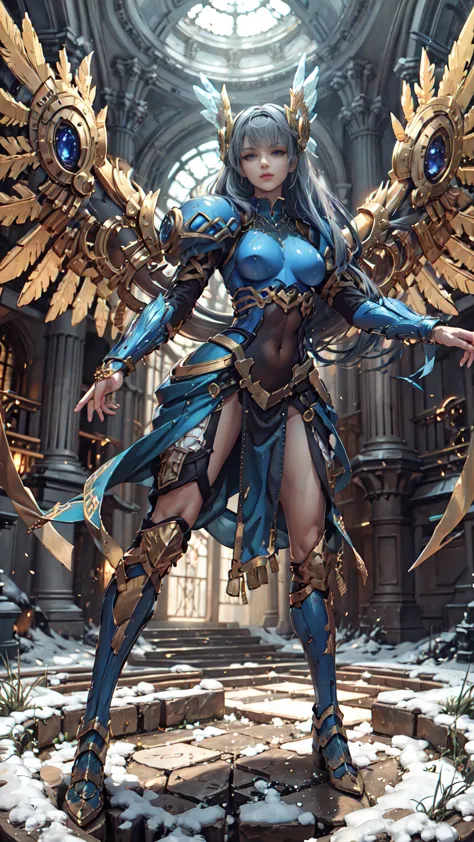 lenneth from 'valkyrie profile', break: bright_gold_trimmed_sapphire_blue_plate mech4rmor, (boob window in armor), thigh cutout,...