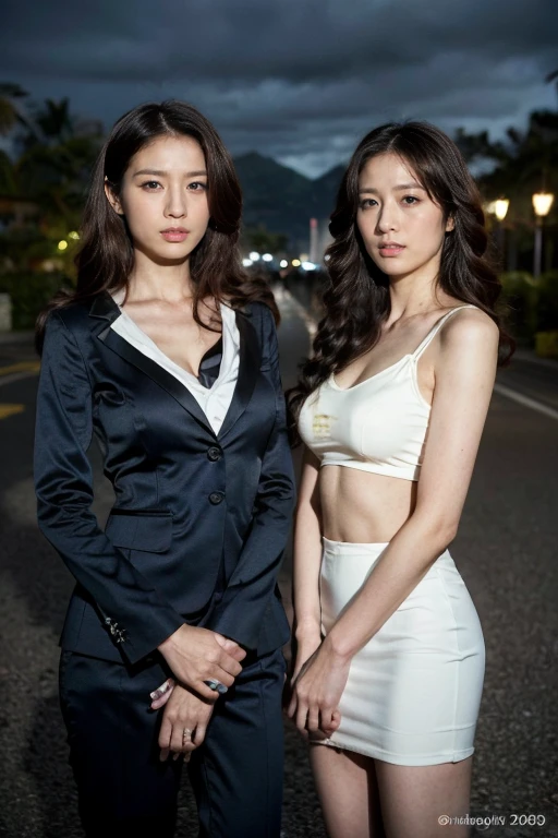 highest quality，ridiculous，Dramatic，2 Arav ladies wearing realistic style business suits，2 female students，Very detailed details of the face，Real skin texture，HD Skin，Night view，Standing in the school square, Still image of 007, Pageant rendering, model, Luxury, Shoulders visible, Network mode, Still frame from movie - ar 16:9 