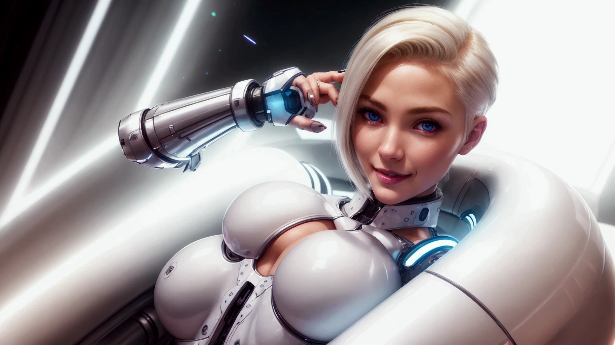 (best qualityer, ultra detali, photorrealistic: 1.39), bright and vibrant colors, studio lighting, romantic expression, white futuristic cyber clothes, platinum undercut, hair blonde, breasts small, adjusting, shorth hair, mercenary, sorriso sexy