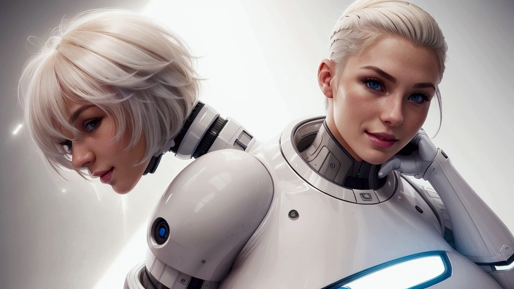 (best qualityer, ultra detali, photorrealistic: 1.39), bright and vibrant colors, studio lighting, romantic expression, white futuristic cyber clothes, platinum undercut, hair blonde, breasts small, adjusting, shorth hair, mercenary, sorriso sexy