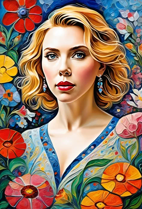 intricate design, looking to the viewer intertwined, beautiful attractive seductive scarlett johansson, flowers, pastel, ((morde...