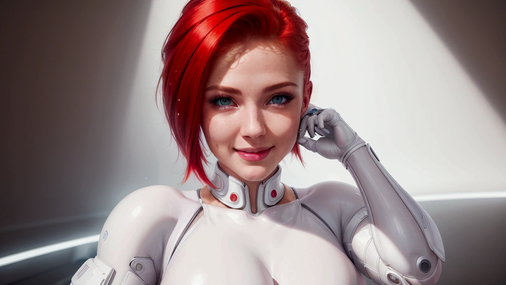 (best qualityer, ultra detali, photorrealistic: 1.39), bright and vibrant colors, studio lighting, romantic expression, white futuristic cyber clothes, platinum undercut, Red hair, breasts small, adjusting, shorth hair, mercenary, sorriso sexy