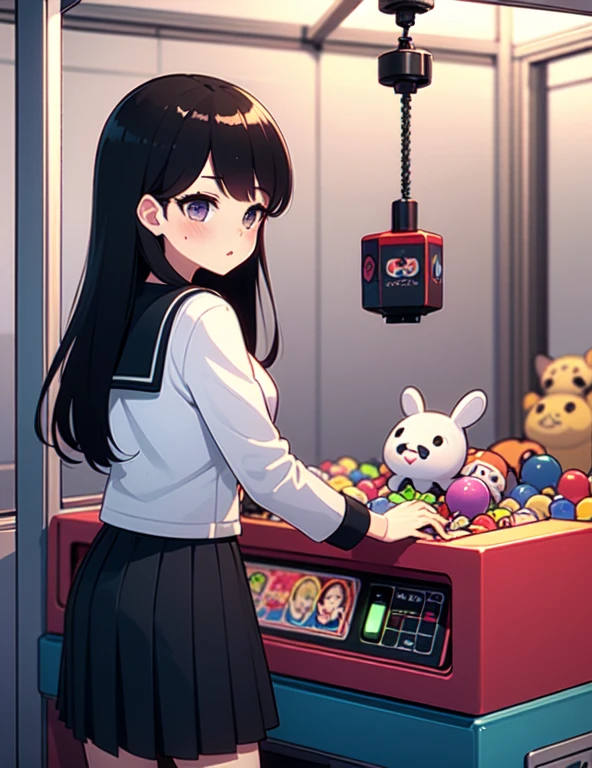 (((masterpiece))), (((Highest quality))), ((Claw Machine)), Place your hand on the bottom panel, Operate the long joystick、Press the button, Use the clamp to lift the toy, One person, Komi Shoko, shy, blush, school uniform, Claw Machine,  Rear View,