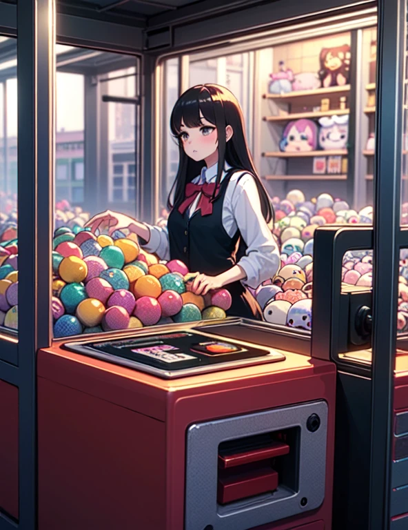 (((masterpiece))), (((Highest quality))), ((Claw Machine)), Place your hand on the bottom panel, Operate the long joystick、Press the button, Use the clamp to lift the toy, One person, Komi Shoko, shy, blush, school uniform, Claw Machine,  Rear View,