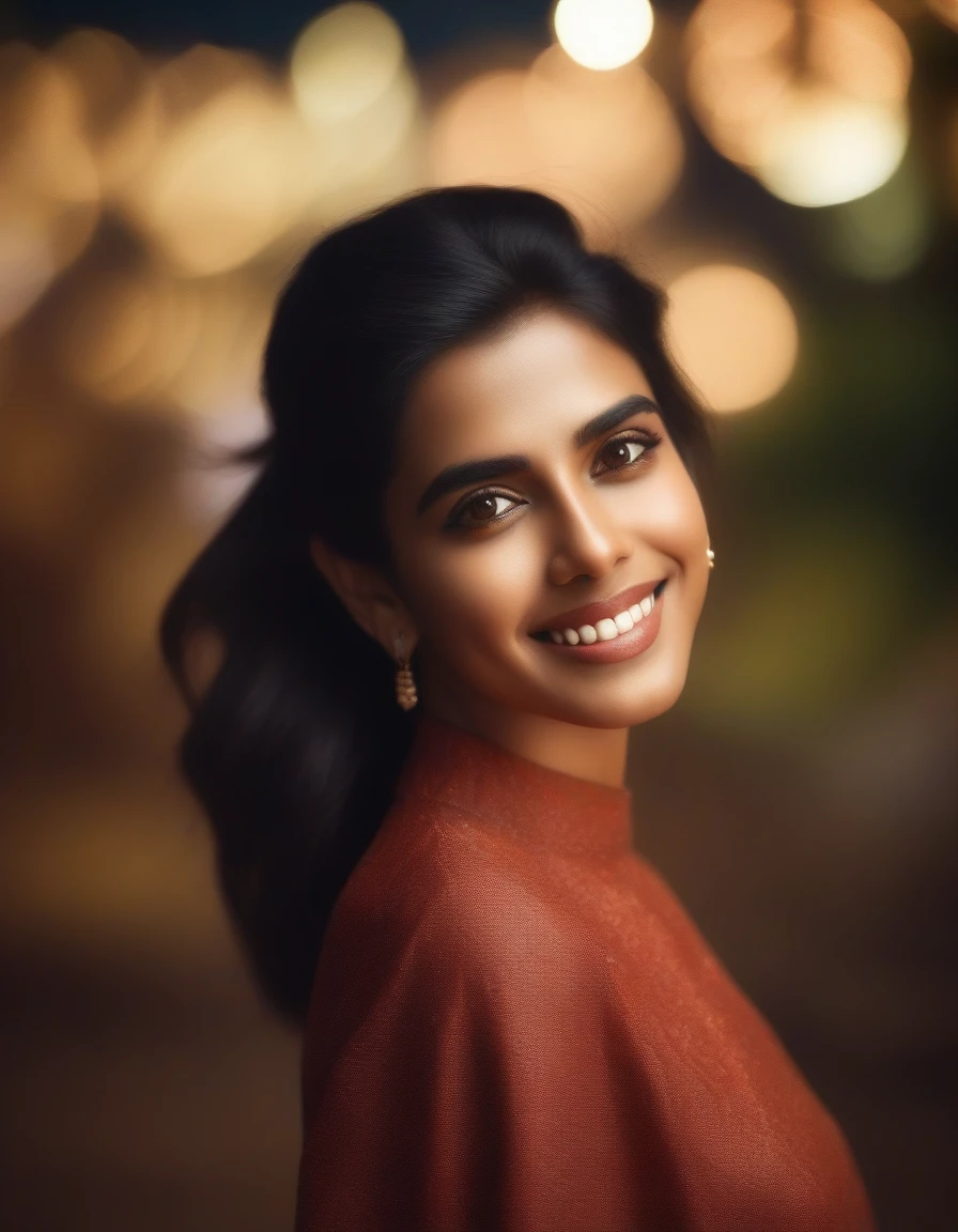 hires portrait photo of Asin woman, outdoors, realistic skin texture, smiling, looking looking at viewer,  high collar dress, smiling, night time, beautiful bokeh  