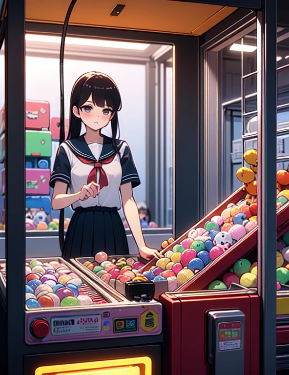 (((masterpiece))), (((Highest quality))), ((Claw Machine)), Place your hand on the bottom panel, Operate the long joystick、Press the button, Use the clamp to lift the toy, One person, Komi Shoko, shy, blush, school uniform, Claw Machine,  Rear View,