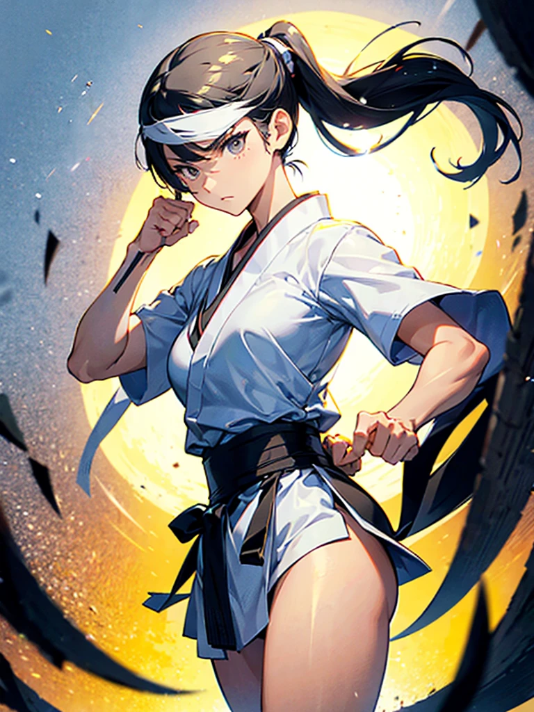 One person, Karate Stance,High Kick,Black Hair, ponytail, Slim body,Small breasts,Bad mood, Slanted Eyes, Character profile, Vanishing Point, Ultra Wide Angle, Japanese illustration style, 