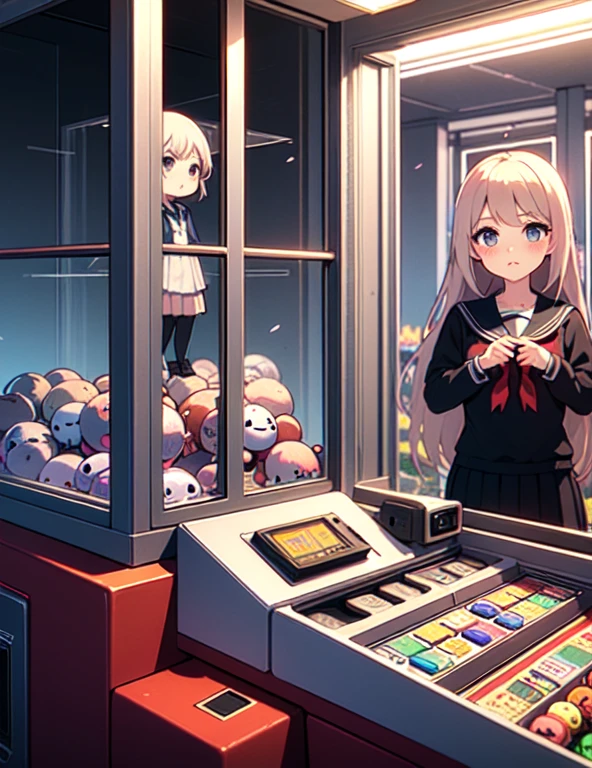 (((masterpiece))), (((Highest quality))), ((Claw Machine)), Place your hand on the bottom panel, Operate the long joystick、Press the button, Use the clamp to lift the toy, One person, Komi Shoko, shy, blush, school uniform, Claw Machine,  Rear View,