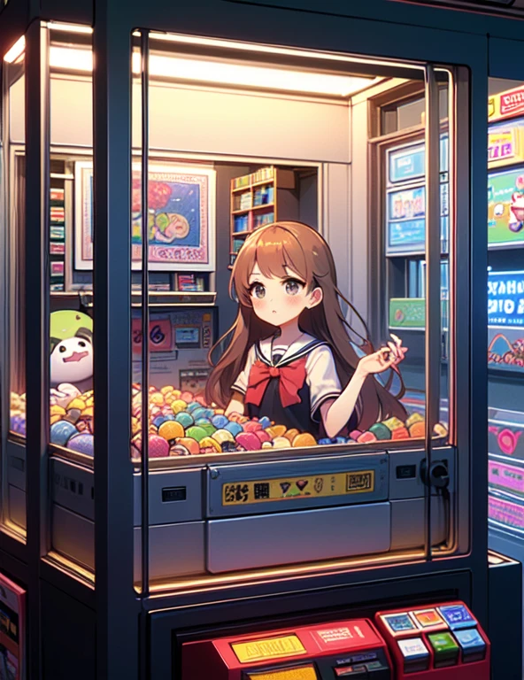 (((masterpiece))), (((Highest quality))), ((Claw Machine)), Place your hand on the bottom panel, Operate the long joystick、Press the button, Use the clamp to lift the toy, One person, Komi Shoko, shy, blush, school uniform, Claw Machine,  Rear View,