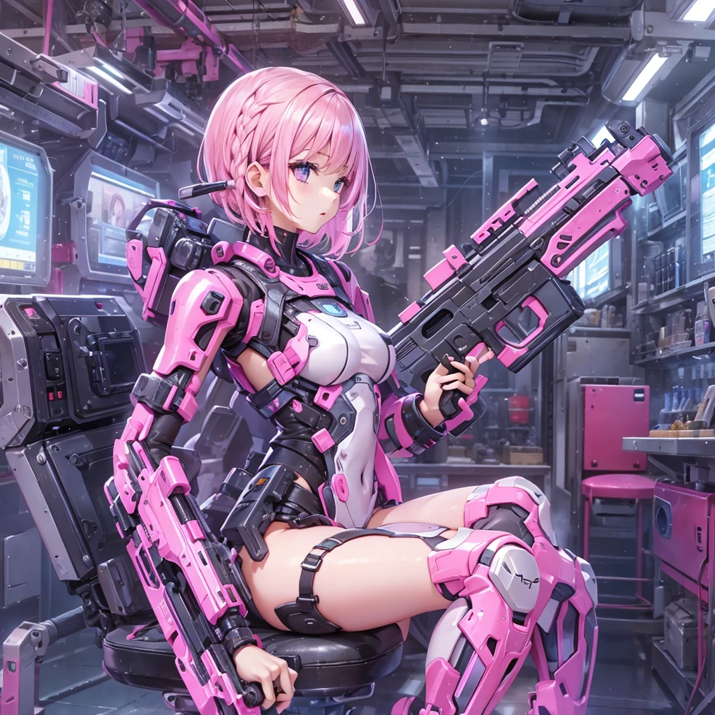 Android、cute、Girl、Pink Hair、Bobcut、Braids on the sides、Machine Body、Beautiful body lines、Gun of the Future、back、Too much exposed skin、Random sexy poses