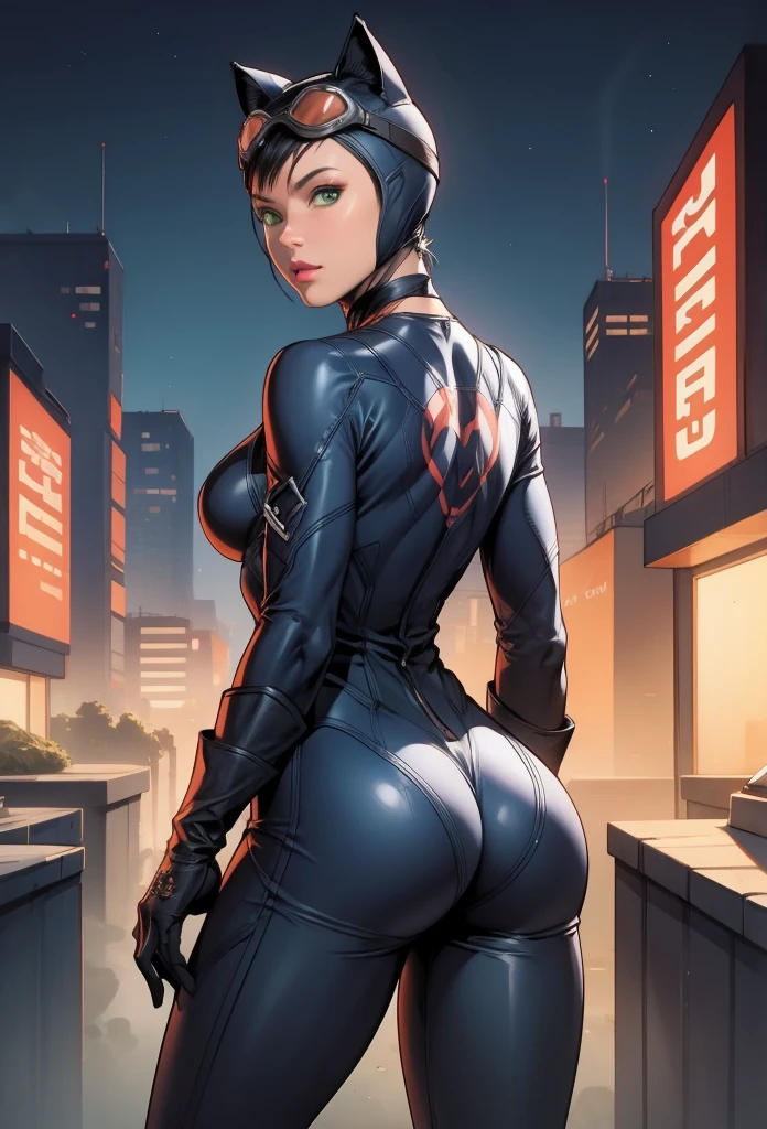 perfect eyes:1.2, detailed eyes:1.4, catwoman, bodysuit, green eyes, goggles on headwear, helmet, cat ears, cowboy shot, 1girl, solo, (masterpiece:1.6, best quality), 8k, insane details, intricate details, hyperdetailed, hyper quality, high detail, ultra detailed, professional, HDR, ray tracing reflection, cinematic lighting,