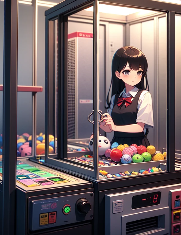 (((masterpiece))), (((Highest quality))), ((Claw Machine)), Place your hand on the bottom panel, Operate the long joystick、Press the button, Use the clamp to lift the toy, One person, Komi Shoko, shy, blush, school uniform, Claw Machine,  Rear View,