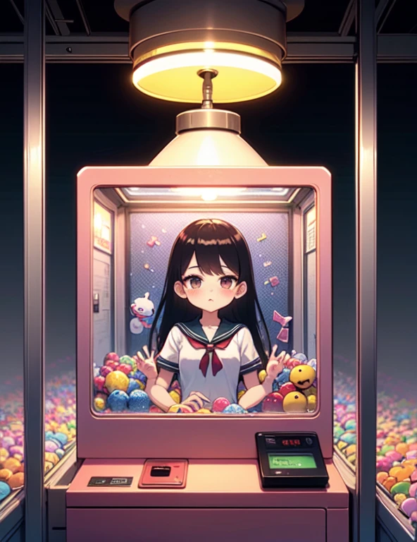 (((masterpiece))), (((Highest quality))), ((Claw Machine)), Place your hand on the bottom panel, Operate the long joystick、Press the button, Use the clamp to lift the toy, One person, Komi Shoko, shy, blush, school uniform, Claw Machine,  Rear View,