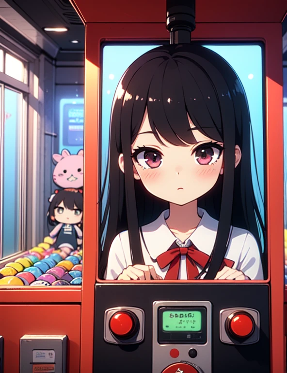 (((masterpiece))), (((Highest quality))), ((Claw Machine)), Place your hand on the bottom panel, Operate the long joystick、Press the button, Use the clamp to lift the toy, One person, Komi Shoko, shy, blush, school uniform, Claw Machine,  Rear View,