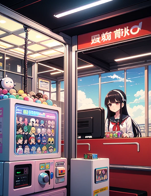 (((masterpiece))), (((Highest quality))), ((Claw Machine)), Place your hand on the bottom panel, Operate the long joystick、Press the button, Use the clamp to lift the toy, One person, Komi Shoko, shy, blush, school uniform, Claw Machine,  Rear View,