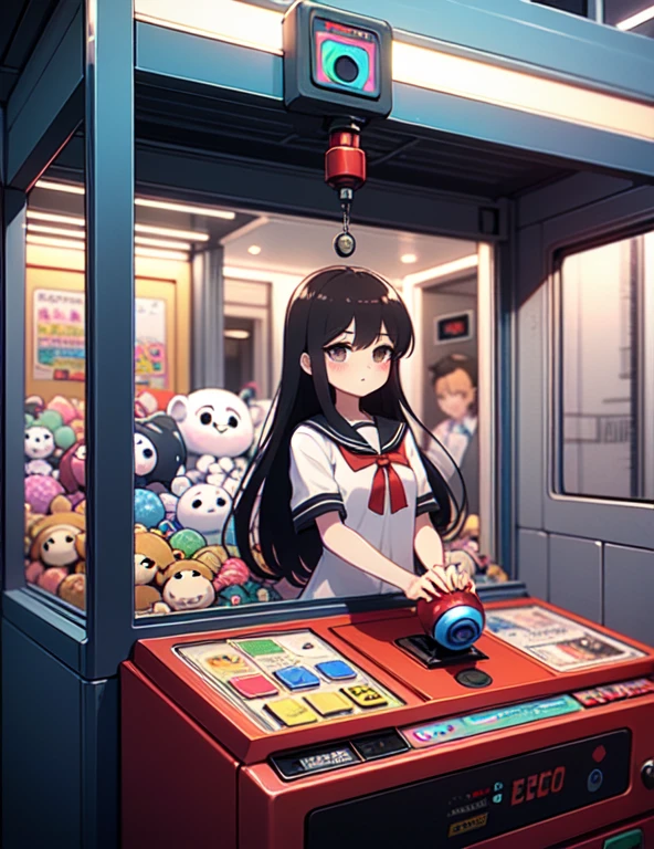 (((masterpiece))), (((Highest quality))), ((Claw Machine)), Place your hand on the bottom panel, Operate the long joystick、Press the button, Use the clamp to lift the toy, One person, Komi Shoko, shy, blush, school uniform, Claw Machine,  Rear View,