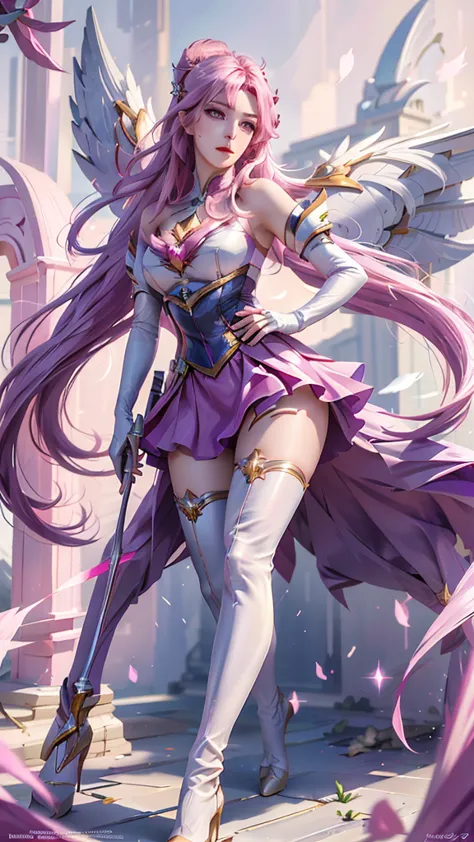 photorealistic, high resolution, 1women, mature female, solo, hips up,purple eyes, kaisasg, star guardian (league of legends), p...