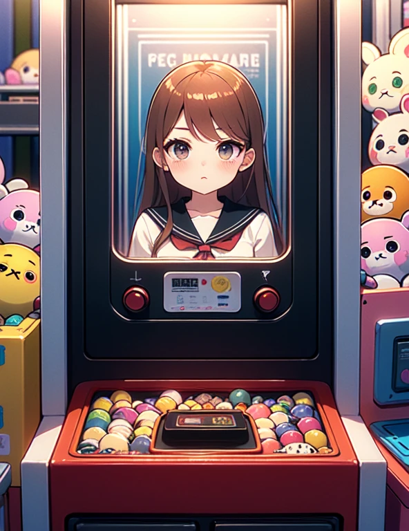 (((masterpiece))), (((Highest quality))), ((Claw Machine)), Place your hand on the bottom panel, Operate the long joystick、Press the button, Use the clamp to lift the toy, One person, Komi Shoko, shy, blush, school uniform, Claw Machine,  Rear View,