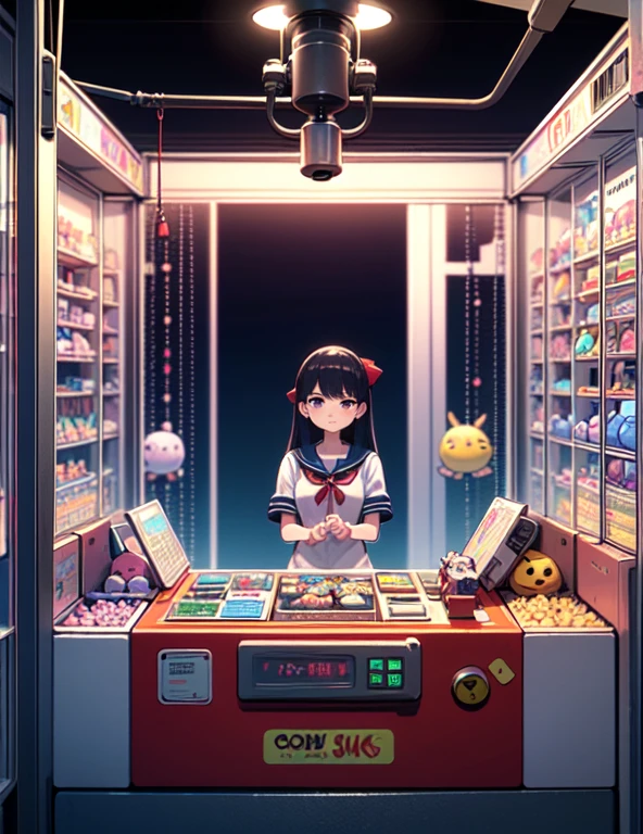 (((masterpiece))), (((Highest quality))), ((Claw Machine)), Place your hand on the bottom panel, Operate the long joystick、Press the button, Use the clamp to lift the toy, One person, Komi Shoko, shy, blush, school uniform, Claw Machine,  Rear View,