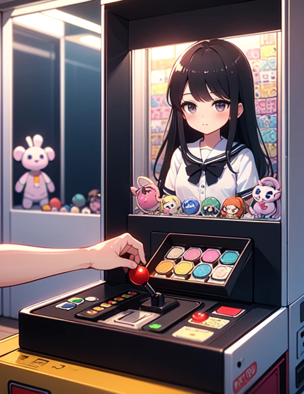 (((masterpiece))), (((Highest quality))), ((Claw Machine)), Place your hand on the bottom panel, Operate the long joystick、Press the button, Use the clamp to lift the toy, One person, Komi Shoko, shy, blush, school uniform, Claw Machine,  Rear View,