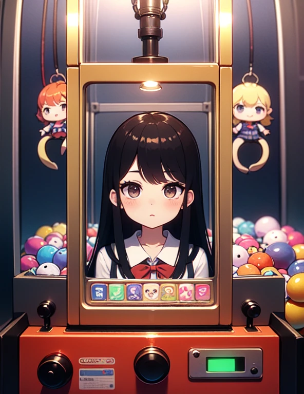 (((masterpiece))), (((Highest quality))), ((Claw Machine)), Place your hand on the bottom panel, Operate the long joystick、Press the button, Use the clamp to lift the toy, One person, Komi Shoko, shy, blush, school uniform, Claw Machine,  Rear View,