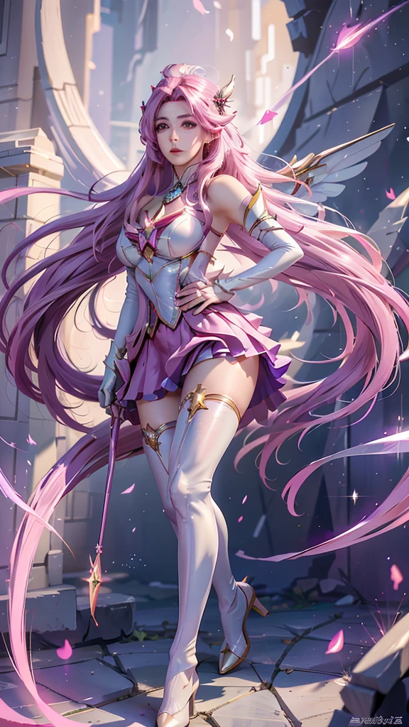 photorealistic, high resolution, 1women, mature female, solo, hips up,purple eyes, kaisasg, star guardian (league of legends), pink hair, gloves, long hair, thighhighs, skirt, elbow gloves, hand on hip, bare shoulders, solo, wings, white gloves, breasts, pink eyes, bangs, magical girl, hair ornament