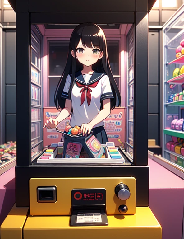 (((masterpiece))), (((Highest quality))), ((Claw Machine)), Place your hand on the bottom panel, Operate the long joystick、Press the button, Use the clamp to lift the toy, One person, Komi Shoko, shy, blush, school uniform, Claw Machine,  Rear View,