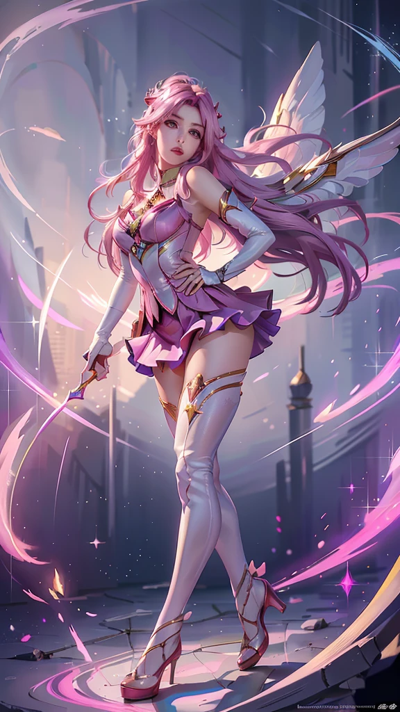 photorealistic, high resolution, 1women, mature female, solo, hips up,purple eyes, kaisasg, star guardian (league of legends), pink hair, gloves, long hair, thighhighs, skirt, elbow gloves, hand on hip, bare shoulders, solo, wings, white gloves, breasts, pink eyes, bangs, magical girl, hair ornament