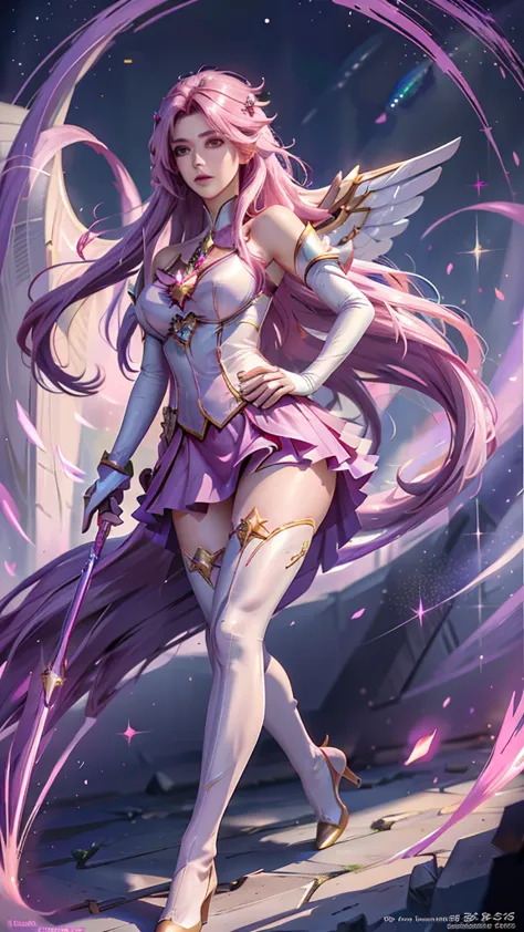 photorealistic, high resolution, 1women, mature female, solo, hips up,purple eyes, kaisasg, star guardian (league of legends), p...