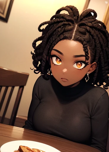 ((Best Quality)), ((Very detailed)), masterpiece, absurdities, detailed face, beautiful face, (detailed eyes, deep eyes), (1 girl), dynamic pose, cowboy shot, (((plano general))), ((Dark skin, mujer de Dark skin, ebony)):1.2, black fur, Found, (very curly hair), medium hair, amber yellow eyes, (inside, in a dining room)