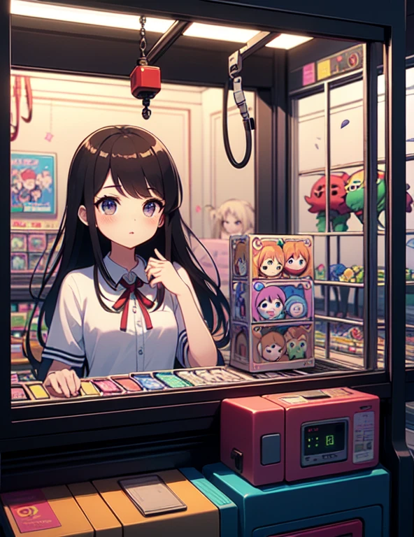 (((masterpiece))), (((Highest quality))), ((Claw Machine)), Place your hand on the bottom panel, Operate the long joystick、Press the button, Use the clamp to lift the toy, One person, Komi Shoko, shy, blush, school uniform, Claw Machine,  Rear View,