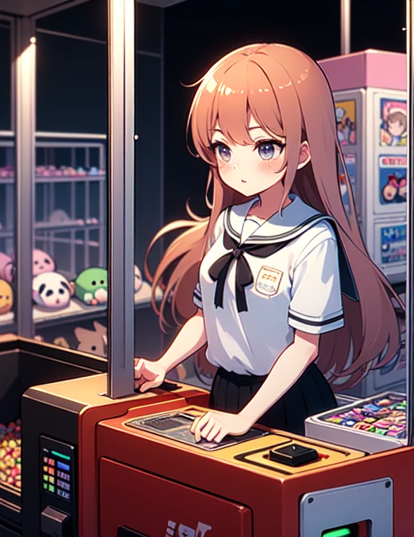 (((masterpiece))), (((Highest quality))), ((Claw Machine)), Place your hand on the bottom panel, Operate the long joystick、Press the button, Use the clamp to lift the toy, One person, Komi Shoko, shy, blush, school uniform, Claw Machine,  Rear View,