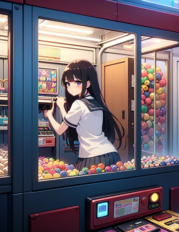 (((masterpiece))), (((Highest quality))), ((Claw Machine)), Place your hand on the bottom panel, Operate the long joystick、Press the button, Use the clamp to lift the toy, One person, Komi Shoko, shy, blush, school uniform, Claw Machine,  Rear View,