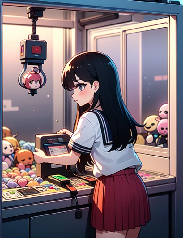 (((masterpiece))), (((Highest quality))), ((Claw Machine)), Place your hand on the bottom panel, Operate the long joystick、Press the button, Use the clamp to lift the toy, One person, Komi Shoko, shy, blush, school uniform, Claw Machine,  Rear View,