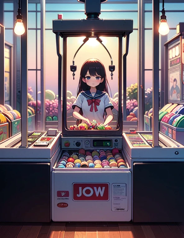 (((masterpiece))), (((Highest quality))), ((Claw Machine)), Place your hand on the bottom panel, Operate the long joystick、Press the button, Use the clamp to lift the toy, One person, Komi Shoko, shy, blush, school uniform, Claw Machine,  Rear View,