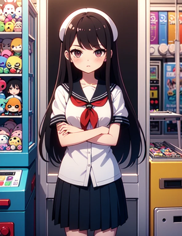 (((masterpiece))), (((Highest quality))), ((Claw Machine)), Place your hand on the bottom panel, Operate the long joystick、Press the button, Use the clamp to lift the toy, One person, Komi Shoko, shy, blush, school uniform, Claw Machine,  Rear View,