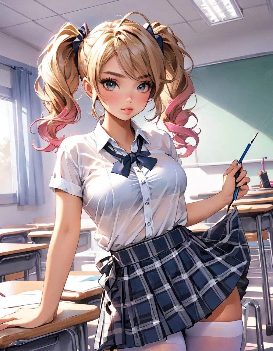 a beautiful 20 year old blonde woman with big messy hair, pigtails, in a short plaid skirt, white stockings, transparent white dress shirt tied up in a knot, cleavage, navel, classroom setting, rossdraws cartoon vibrant, cute detailed digital art, colorfull digital fantasy art, digital fantasy art ), glossy digital painting, rossdraws pastel vibrant, rossdraws 2. 5, rossdraws 1. 0