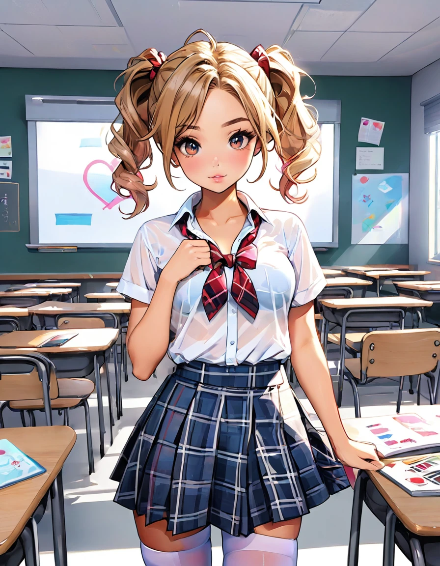 a beautiful 20 year old blonde woman with big messy hair, pigtails, in a short plaid skirt, white stockings, transparent white dress shirt tied up in a knot, cleavage, navel, classroom setting, rossdraws cartoon vibrant, cute detailed digital art, colorfull digital fantasy art, digital fantasy art ), glossy digital painting, rossdraws pastel vibrant, rossdraws 2. 5, rossdraws 1. 0