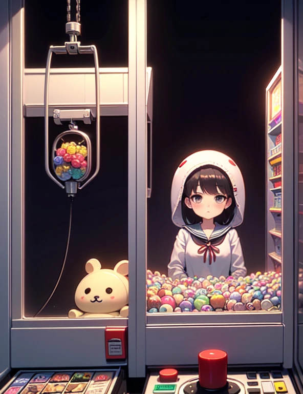 (((masterpiece))), (((Highest quality))), ((Claw Machine)), Place your hand on the bottom panel, Operate the long joystick、Press the button, Use the clamp to lift the toy, One person, Komi Shoko, shy, blush, school uniform, Claw Machine,  Rear View,