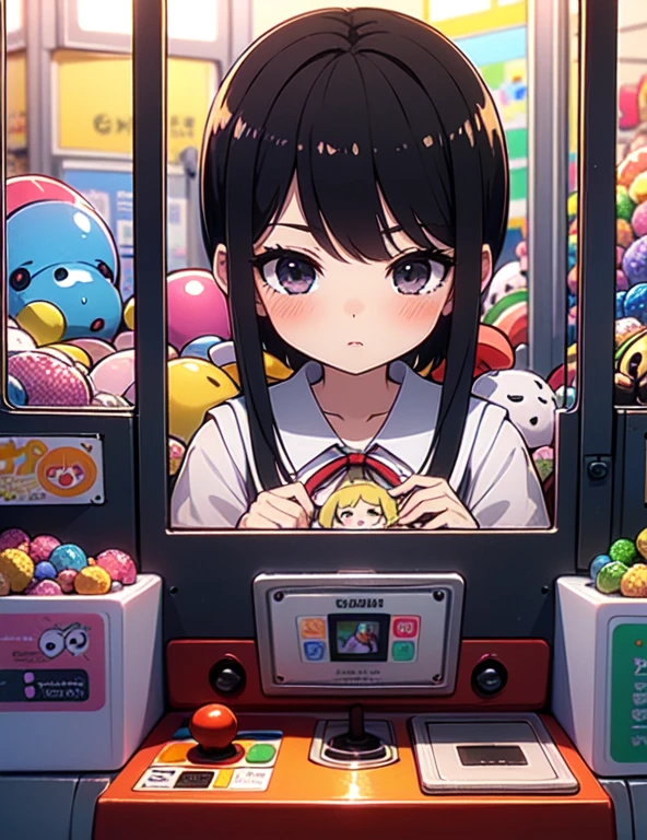 (((masterpiece))), (((Highest quality))), ((Claw Machine)), Place your hand on the bottom panel, Operate the long joystick、Press the button, Use the clamp to lift the toy, One person, Komi Shoko, shy, blush, school uniform, Claw Machine,  Rear View,