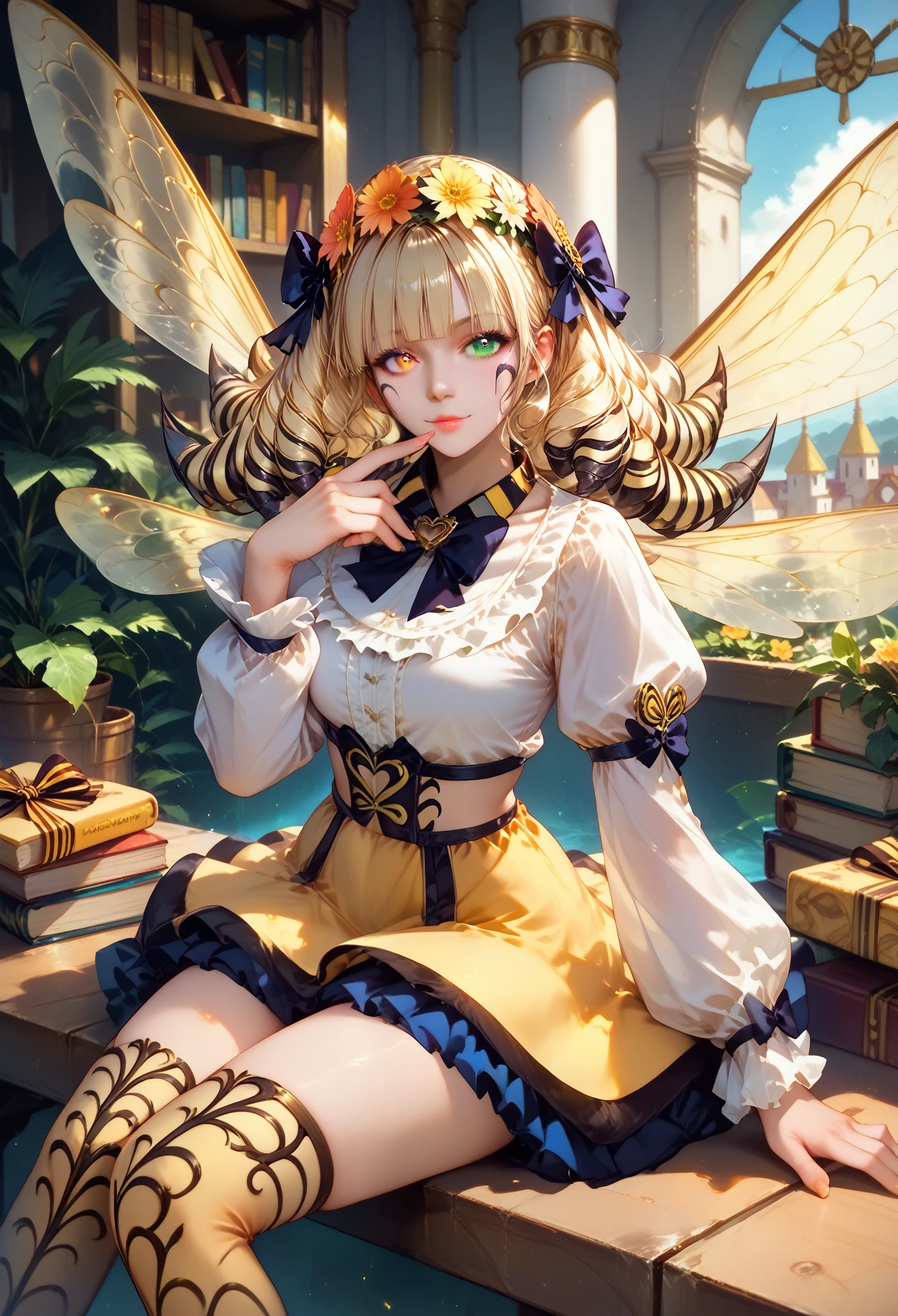 score_9, score_8_up,score_7_up, masterpiece, best quality, perfect anatomy, very aesthetic, official art, 8k, honeyblovely, Nice view Sitting on a bench, There are books near her, Sexy and Charming, Clear weather, beautiful colors, clear detail, Full elaboration of details, heterochromia, yellow eye, green eye, novuschroma70 style, masterpiece, High Quality Processing, dynamic shadows,