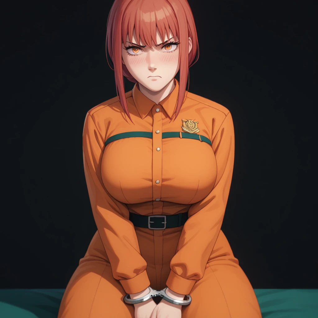 (masterpiece), best quality, high quality, 1girl, mak1ma0, solo, red hair, long hair, ringed eyes, angry, blushing, orange jumpsuit, uniform, orange pants breasts, big breasts, big boobs, thick thighs, sitting, front view, black background, Hands tucked in between thighs, arms tucked in between thighs, Handcuffs