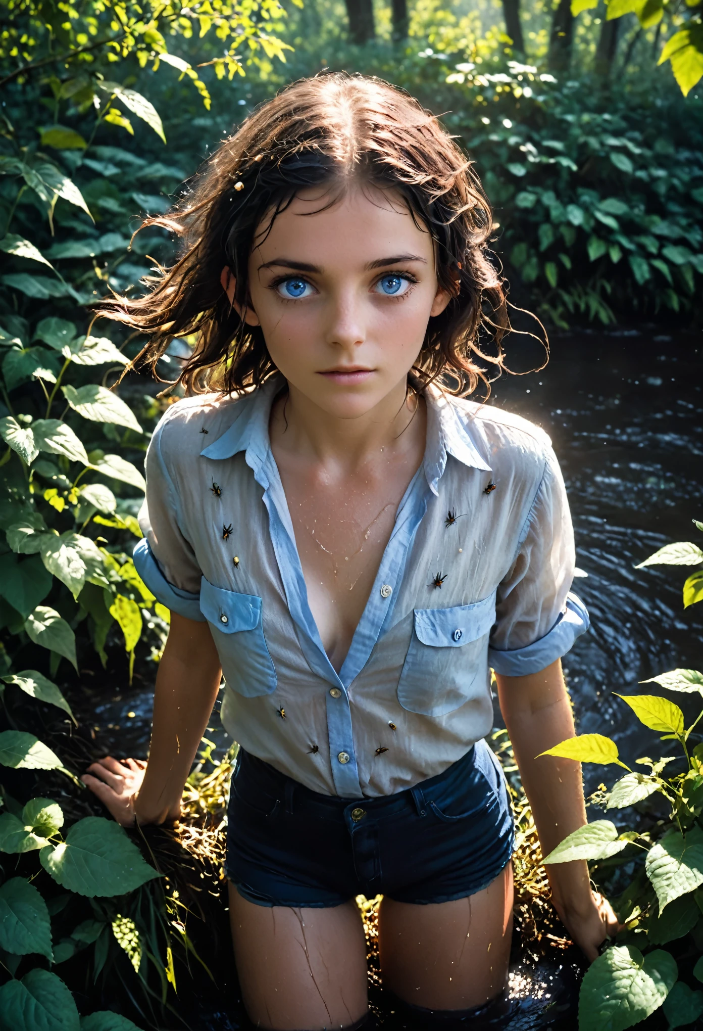 (Realystic:1.4), analog photo style, depths of field, (dark-haired Lightfoot Halfling with blue eyes, wearing a linen shirt), (small leaves and insects got tangled in wet hair), wide waist, (her full body is a visual pleasure), view from above, extremely sexy, dark fantasy atmosphere, deep shadows with the some sun rays, a delicate balance between reality and fantastic, faded colours, great quality, Masterpiece, blurred gloomy background, naturally cinematic light, 16k quality, kodak porta 400, bokeh.