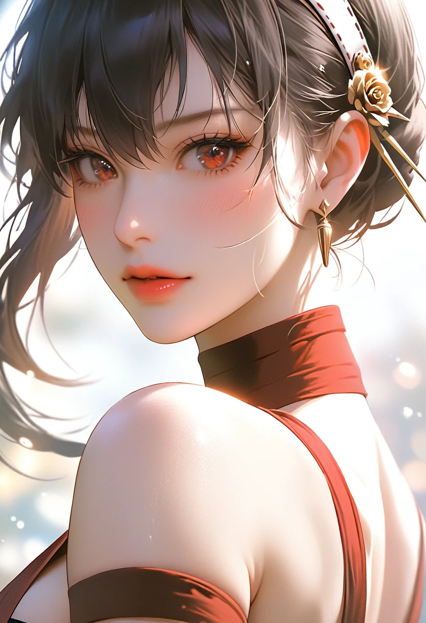 score_9, score_8_up, score_7_up, Girl's profile picture, realistic skin texture, detailed picture, close-up, HD32k, yor briar, black hair, sidelock, white hairband, red eyes, bare shoulders, japanese clothes, sleeveless, choker, sash, armband, ninja,Painstaking Attention To Details,PEAnimeBG,starlight